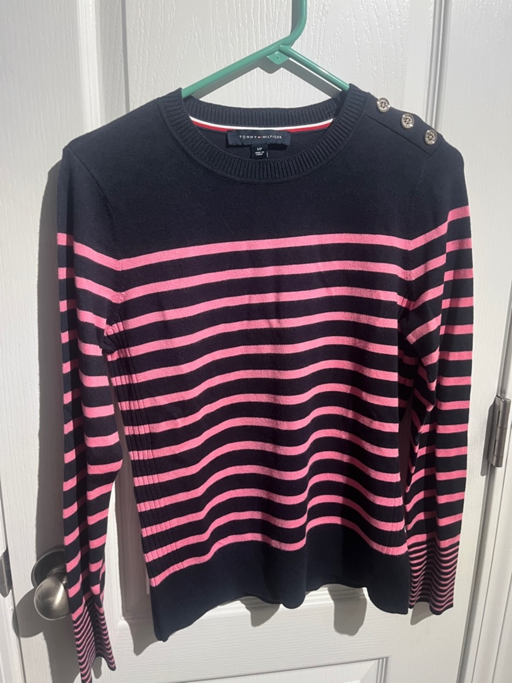 NWOT Tommy Hilfiger Black & Pink Striped Crewneck Sweater with Shoulder Buttons